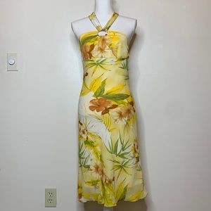 SPEECHLESS Halter Dress Yellow & Green Y2K Tropical Floral Fitted Cabbage Hem 5